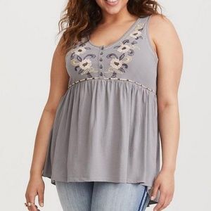 Torrid Size 3 Grey Embroidered Babydoll Tank